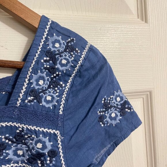 Abercrombie & Fitch Womens Blue Floral Embroidered Smocked Bohemian Blouse Small - Picture 5 of 9
